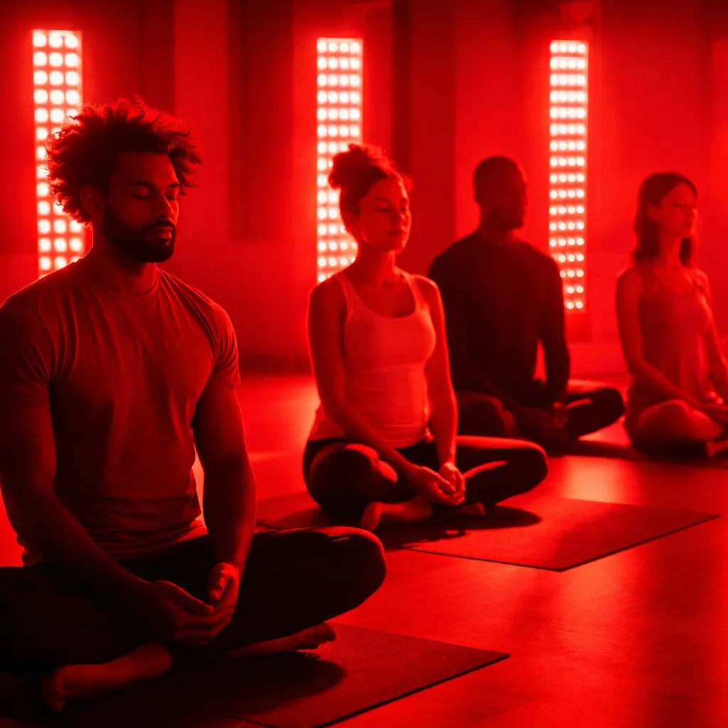 Yoga in red light therapy room at Parlour Bellus 1